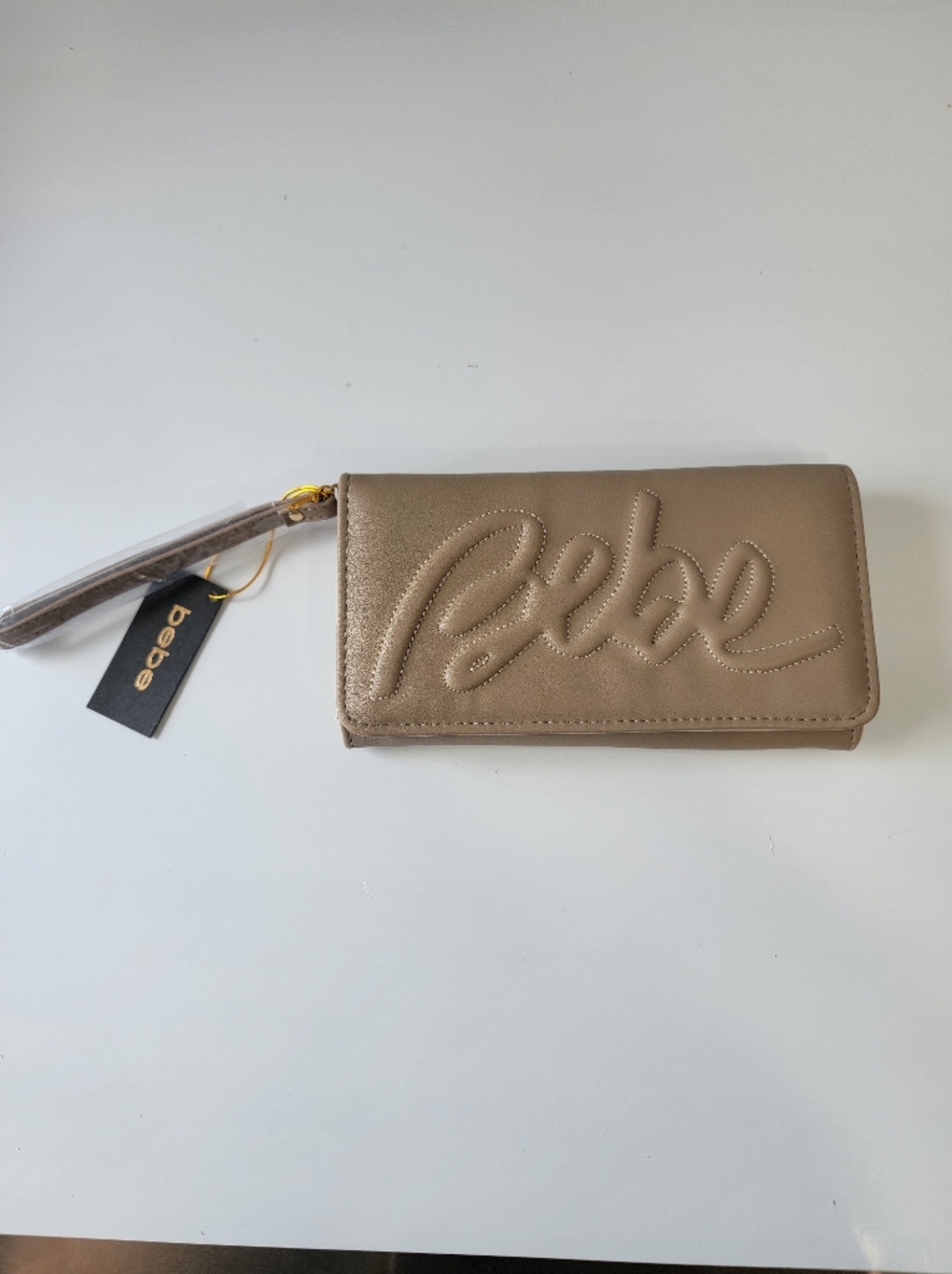 Bebe Taupe Women's Wristlet Wallet with Logo and Card Organizer